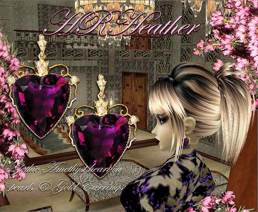  HRHeathers imvu amethyst purple heart in 18 carat yellow gold ear rings. Give your sweet heart the gift of true love.