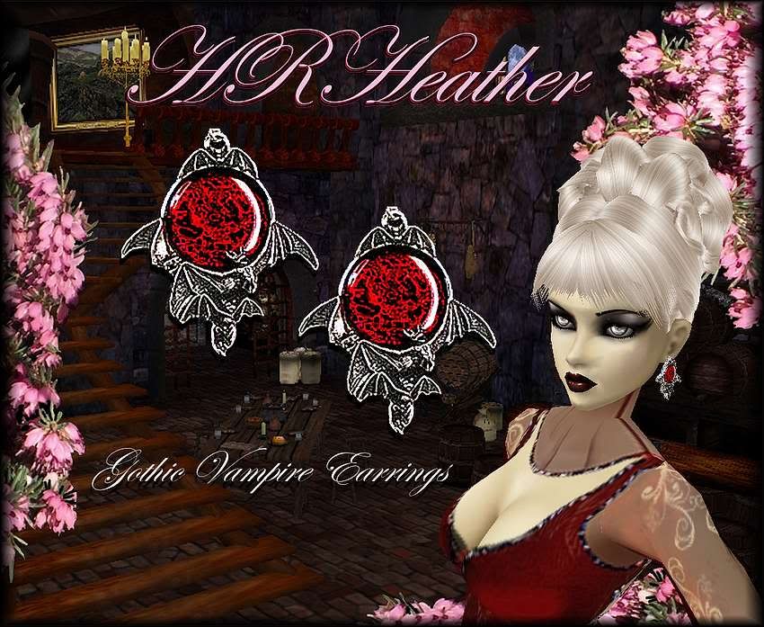 HRHeather's imvu Gothic vampire bat style ruby and silver 3D earrings