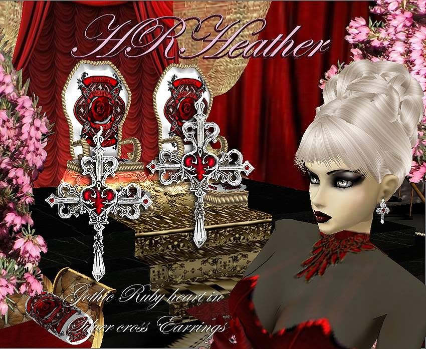 HRHeathers ruby red and silver gothic vampire heart & cross earrings